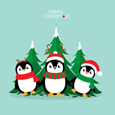 Penguen. Noel arkaplanı. Noel tebrik kartı..