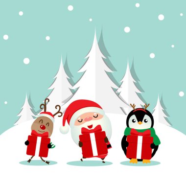 Noel Baba, Penguen ve Noel Baba ile Noel tebrik kartı. 