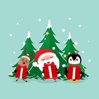 Noel Baba, Penguen ve Noel Baba ile Noel tebrik kartı. 