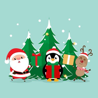 Noel Baba, Penguen ve Noel Baba ile Noel tebrik kartı. 