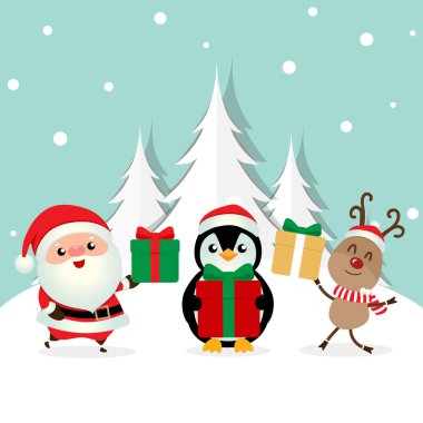 Noel Baba, Penguen ve Noel Baba ile Noel tebrik kartı. 