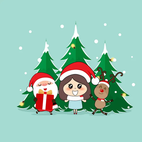Cartão de Natal com Natal Papai Noel, renas e — Vetor de Stock
