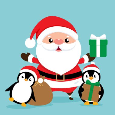 Noel Baba ve Penguenler ile Noel tebrik kartı.