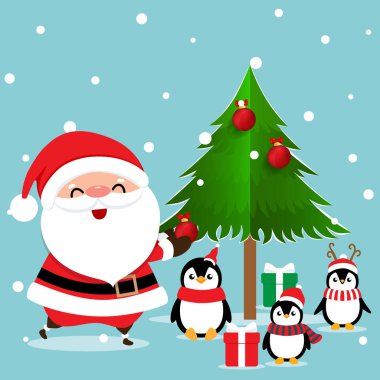 Noel Baba ve Penguenler ile Noel tebrik kartı.