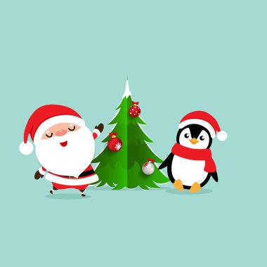 Noel Baba ve Penguen ile Noel tebrik kartı.