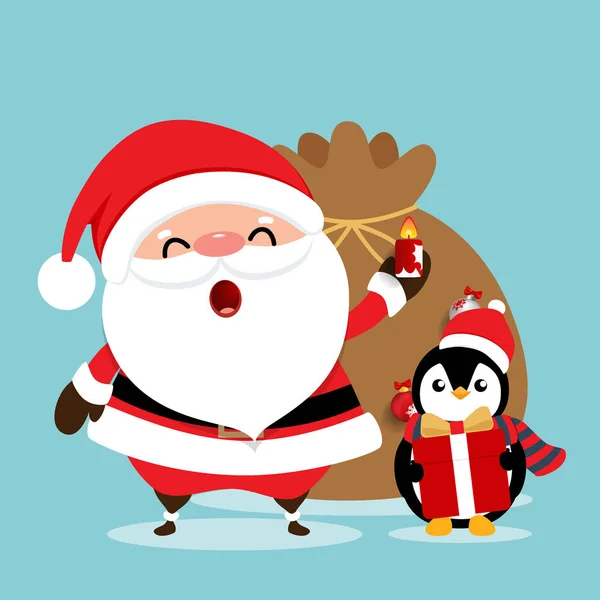 Holiday Christmas greeting card with Santa Claus, and Penguin ca — Stock Vector