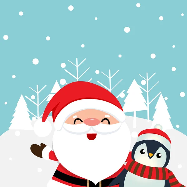 Holiday Christmas greeting card with Santa Claus, and Penguin ca — Stock Vector