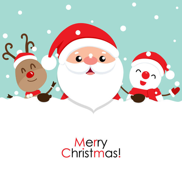 Holiday Christmas greeting card with Santa Claus, reindeer, and 