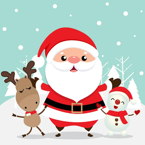 Tarjeta de felicitación navideña con Papá Noel, renos y — Archivo Imágenes Vectoriales