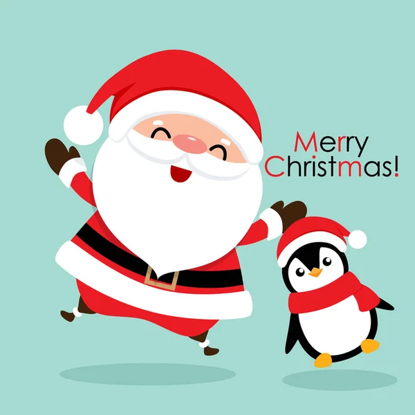 Holiday Christmas greeting card with Santa Claus, and Penguin ca — Stock vektor