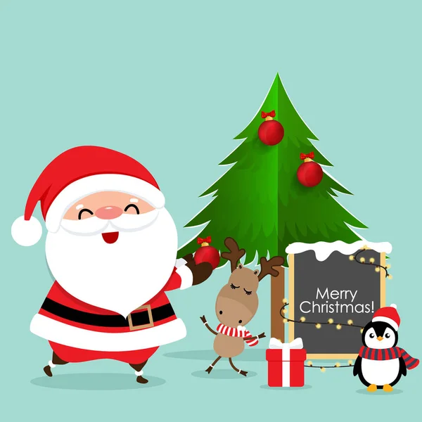Tarjeta de felicitación navideña con Papá Noel, renos y P — Archivo Imágenes Vectoriales