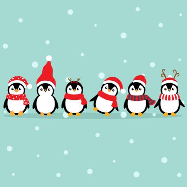 Penguen karikatürlü Noel tebrik kartı. Vektör il