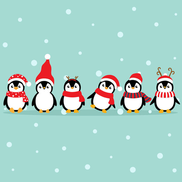 Holiday Christmas greeting card with Penguins cartoon. Vector il