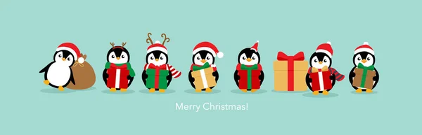 Carte de vœux de Noël avec dessin animé Pingouins. Vecteur il — Image vectorielle