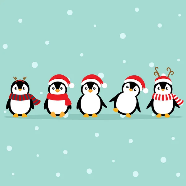 Świąteczna kartka świąteczna z kreskówką Pingwiny. Wektor il — Wektor stockowy