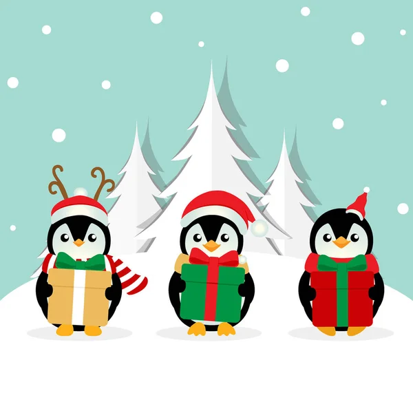 Holiday Christmas background with Penguins cartoon. Vector illus — ストックベクタ