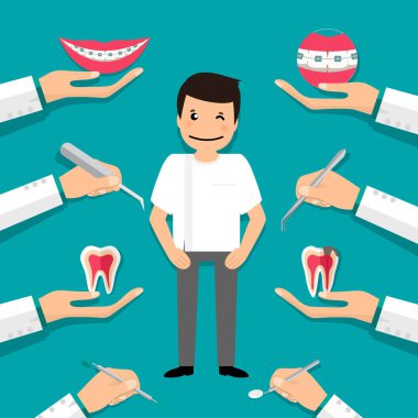 Diş hekimi diş aletini ve dişini tutuyor. Diş konsepti. Dişçi geçmişi. Vektör illüstrasyonu.