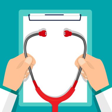 Doktor steteskopu tıbbi panoyla tutuyor. Tıbbi geçmişi var. Vektör illüstrasyonu.