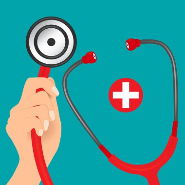Doktor steteskop tutuyor. Tıbbi geçmişi var. Vektör illüstrasyonu.