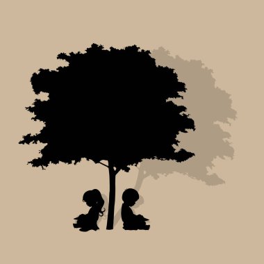 Çocuklu vektör geçmişi ağacın altında bir kitap okuyor. Vektör İllüstrasyonu