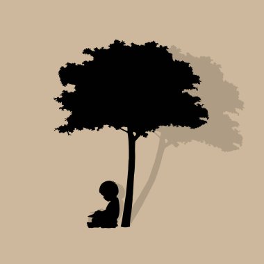 Çocuklu vektör geçmişi ağacın altında bir kitap okuyor. Vektör İllüstrasyonu