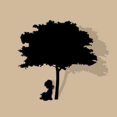 Çocuklu vektör geçmişi ağacın altında bir kitap okuyor. Vektör İllüstrasyonu