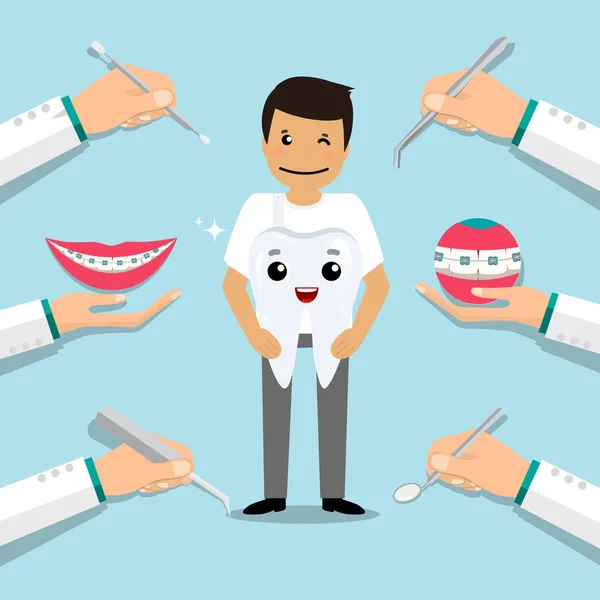 Dentista Sostiene Instrumento Dental Diente Concepto Dental Antecedentes Dentistas Ilustración — Vector de stock