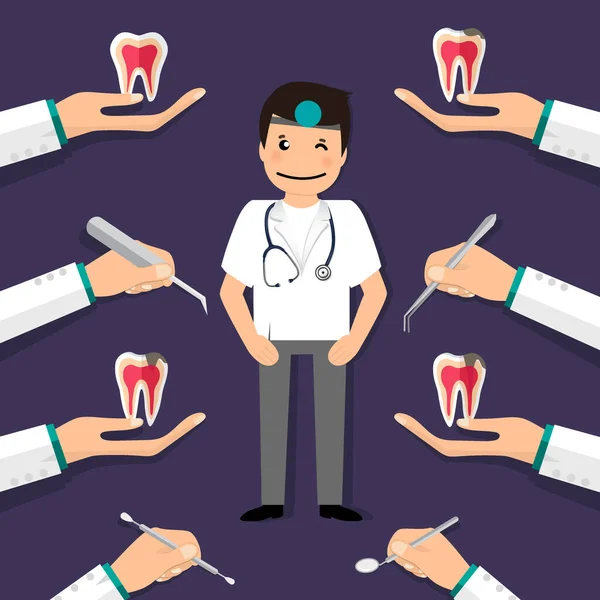 牙科医生持有牙科器械和牙齿 牙的概念 牙医的背景 矢量说明 — 图库矢量图片
