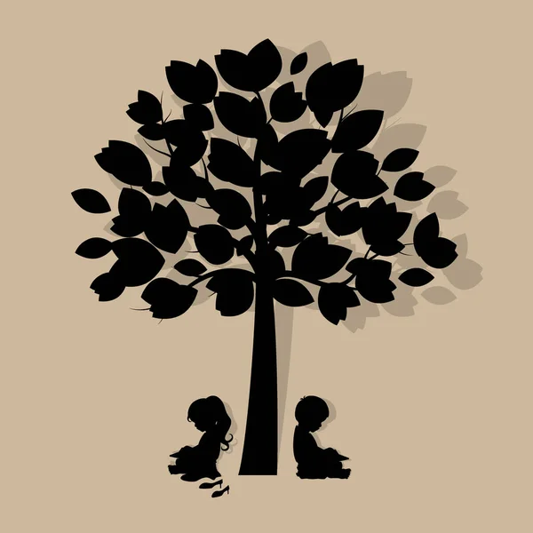 Sfondo Vettoriale Con Bambini Leggere Libro Sotto Albero Illustrazione Vettoriale — Vettoriale Stock