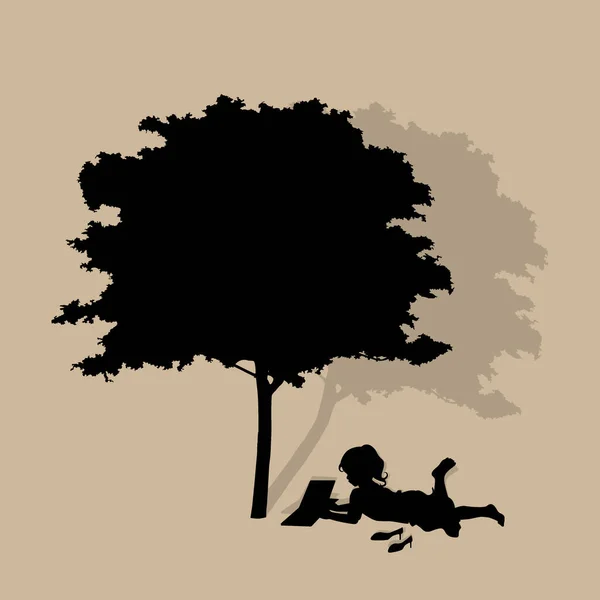 Antecedentes Vectoriales Con Niños Leen Libro Bajo Árbol Ilustración Vectorial — Vector de stock