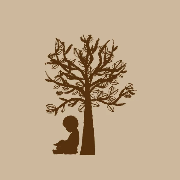 Antecedentes Vectoriales Con Niños Leen Libro Bajo Árbol Ilustración Vectorial — Archivo Imágenes Vectoriales