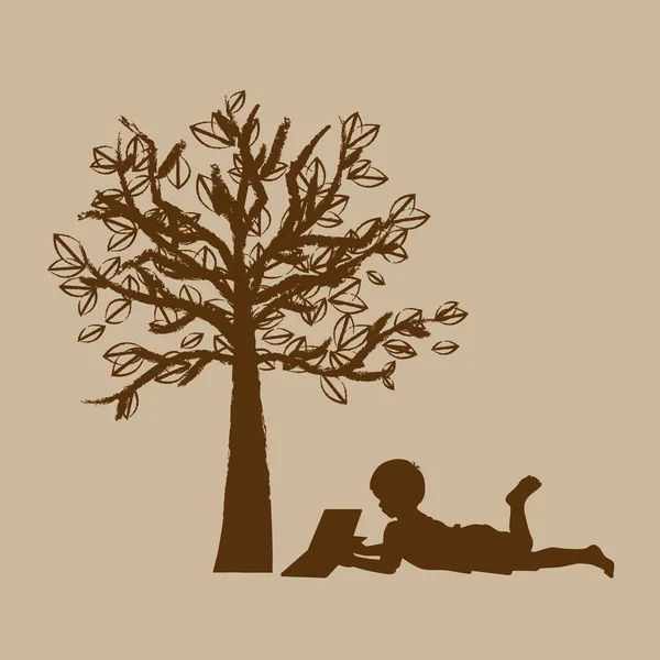 Vektor Hintergrund Mit Kindern Lesen Ein Buch Unter Baum Vektorillustration — Stockvektor