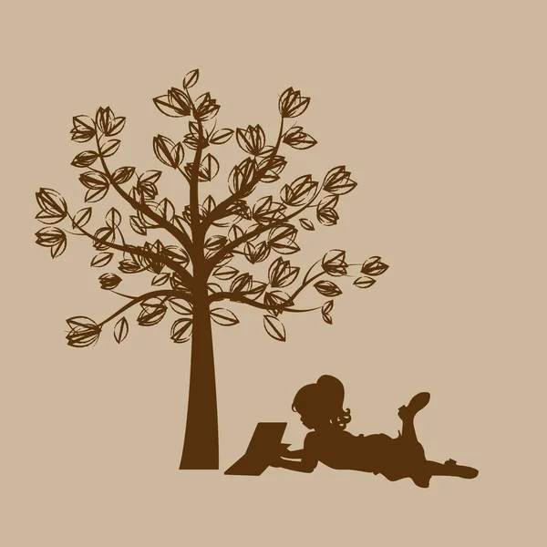 Fond Vectoriel Avec Les Enfants Lire Livre Sous Arbre Illustration — Image vectorielle