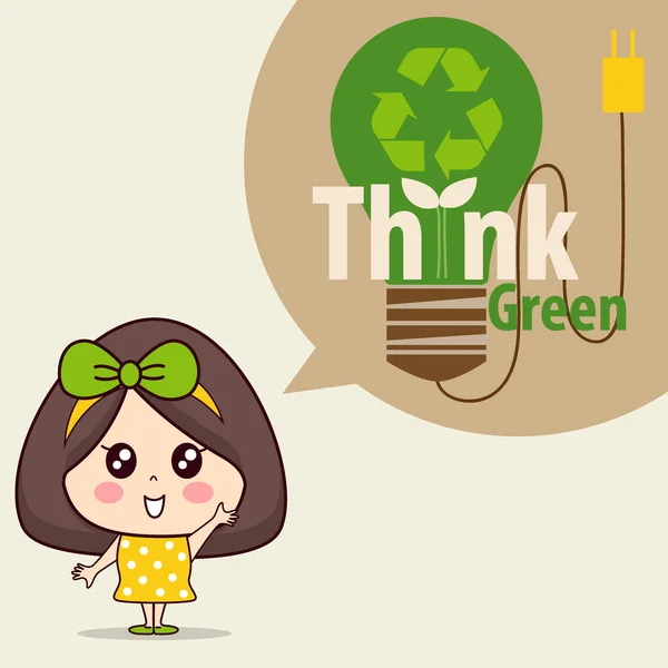 Think Green Ecology Concept Girl Green Light Bulb Vector Illustration — Stock Vector