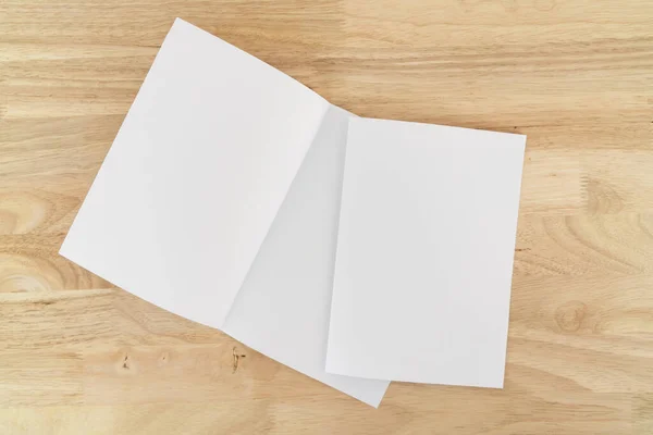 Half Fold Brochure Blank White Template Mock Presentation Design Wooden — Stock Photo, Image