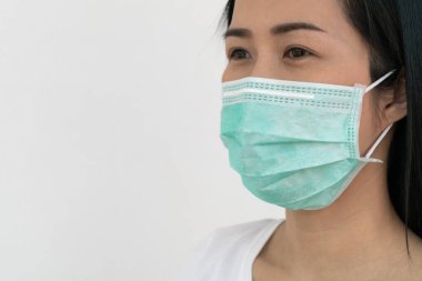 Bir kadın, Coronavirus 'un (COVID-19) yayılmasına karşı koruyucu bir maske takar. Cerrahi maske. Tıbbi maske. Yüz maskesi.