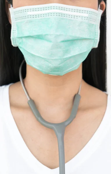 A woman wears a face mask that protects against the spread of Coronavirus (COVID-19). Surgical mask. Medical mask. Face mask.