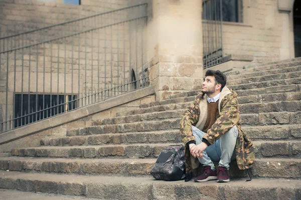 Handsome Young Man Sittion Stair Street — Stock Photo, Image