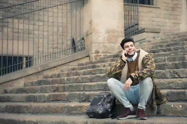 Handsome Young Man Sittion Stair Street — Stock Photo, Image