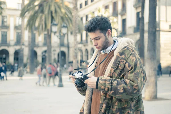 Handsome Young Man Taking Pictures Street — Stock Photo, Image