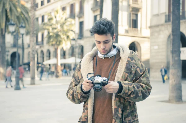 Handsome Young Man Taking Pictures Street — Stock Photo, Image