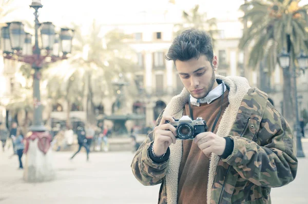 Handsome Young Man Taking Pictures Street — Stock Photo, Image