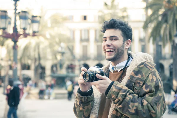 Handsome Young Man Taking Pictures Street — Stock Photo, Image