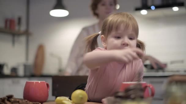 Young Beautiful Mother Daughter Drink Tea Cookies Kitchen Young Family — Stock Video