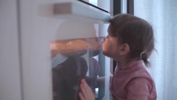 Little Girl Watches Glass How Cookies Bread Baked Oven Beautiful — Stock Video