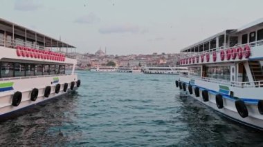 Türkiye 'deki eski İstanbul' un güzel manzarası. Sulaymaniyah camii Boğaz 'dan görünüyor. Ön planda iki feribot var. Nehir nakliyesi. Kutsal emanet. İstanbul 'da dini bir yer