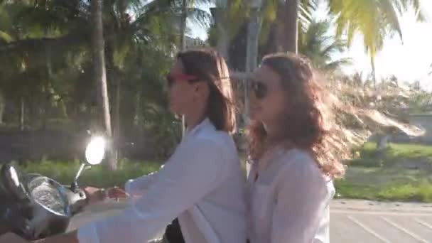 在热带地区的路上 年轻漂亮的姑娘们骑自行车 自由快乐的女孩都在微笑 戴眼镜的女孩都在笑 两个去椰子种植园 — 图库视频影像