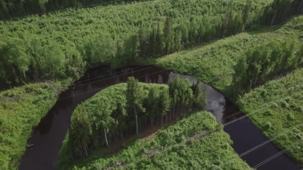飞过河 西伯利亚夏季森林 泰加航空视图 冰冷的溪流自然景观 河流流 放松的框架 输电线路 — 图库视频影像