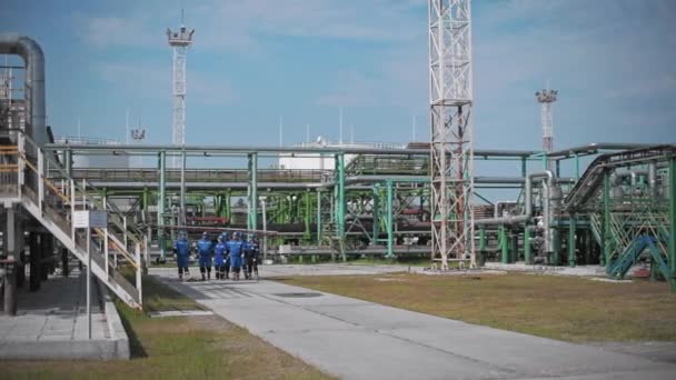 Una Delegación Ingenieros Lugar Producción Trabajadores Con Monos Azules Cascos — Vídeos de Stock