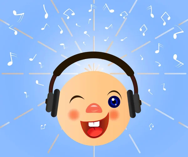 Emoticon with headphones listen music — Stock Vector